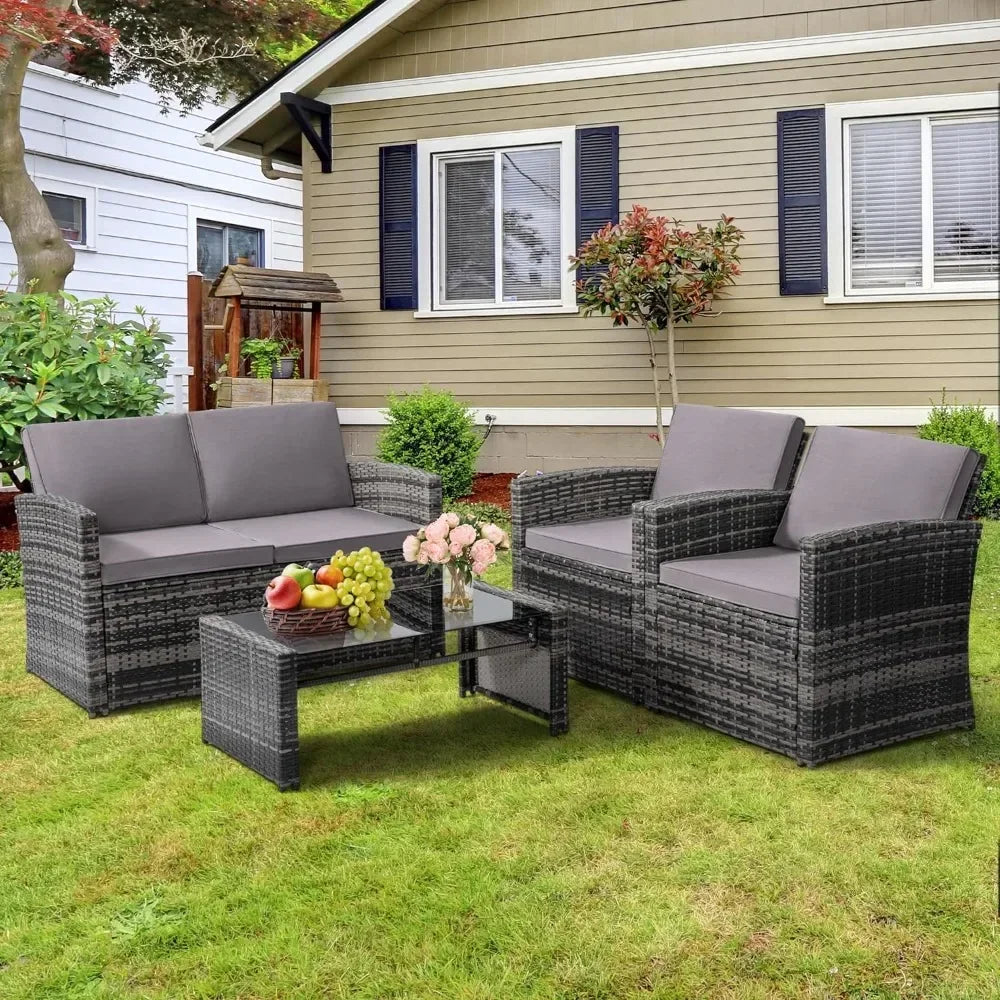 4 Piece Outside Rattan Sectional Sofa, Cushioned Furniture Set