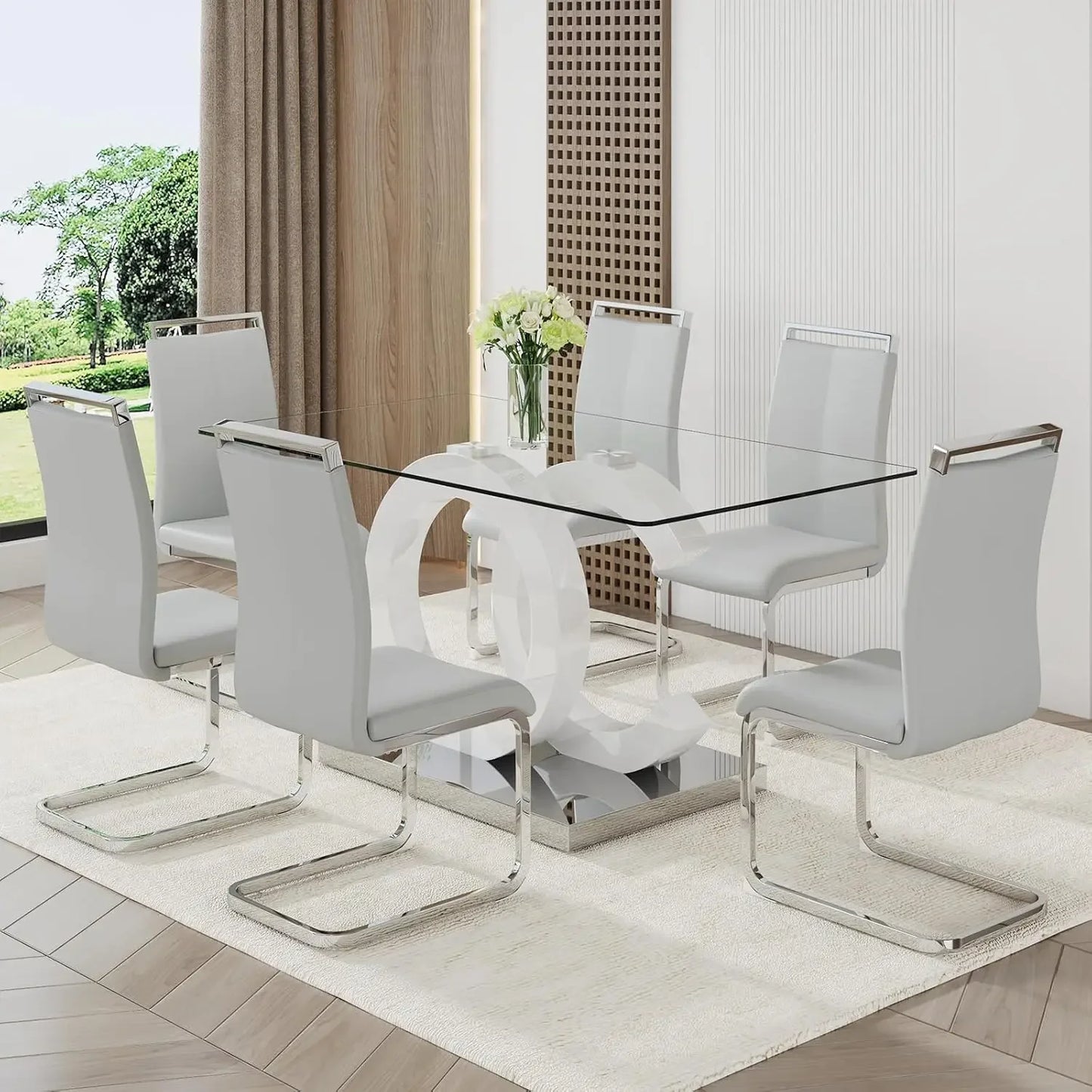 7 Piece Tempered Glass Table Top Dining Table Set
