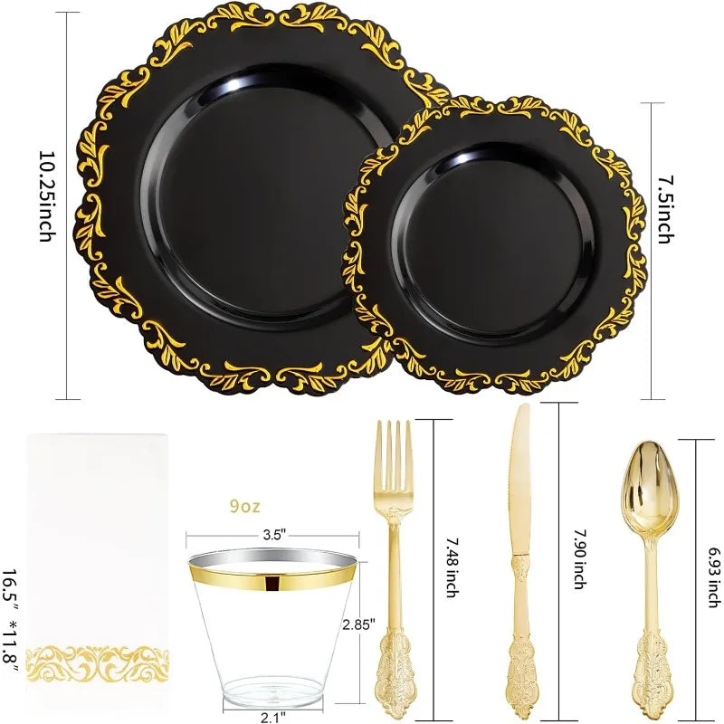 175PCS Clear Green Plastic Plates & Gold Plastic Silverware & Clear Green Cups & Gold Napkins, Service 25 Guest