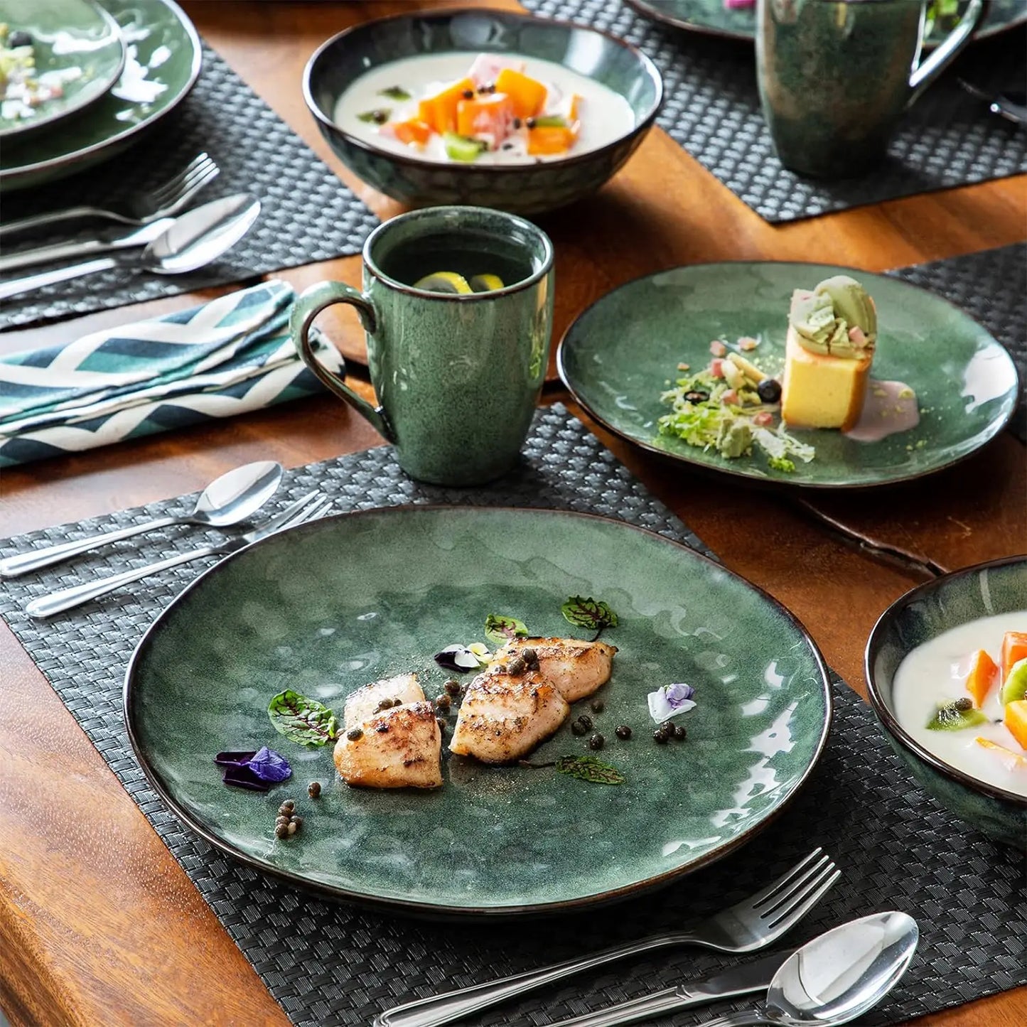 12 Piece, Reactive Change Glaze Dinner Set, Plates and Bowls Set