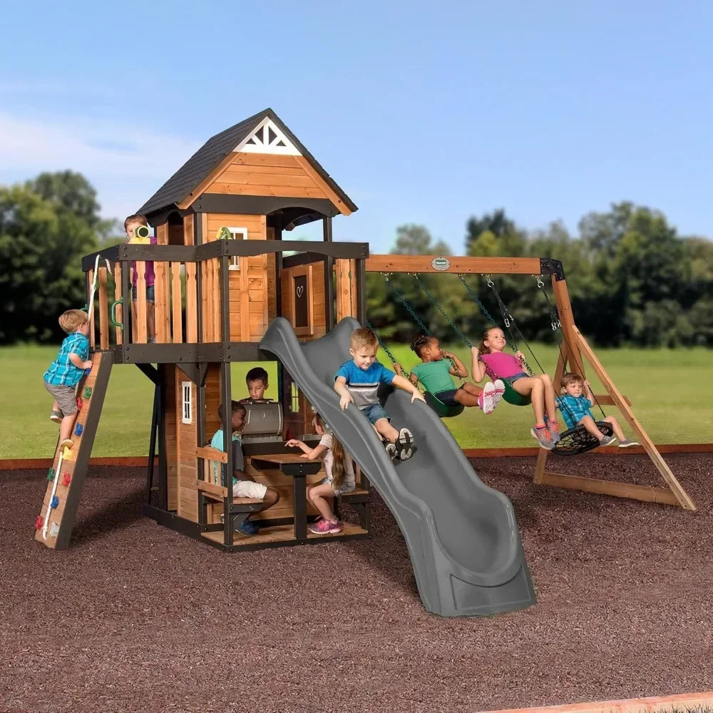 All Cedar Wood Swing Set w/Wave Slide, Grill, Plastic Food, Picnic Area