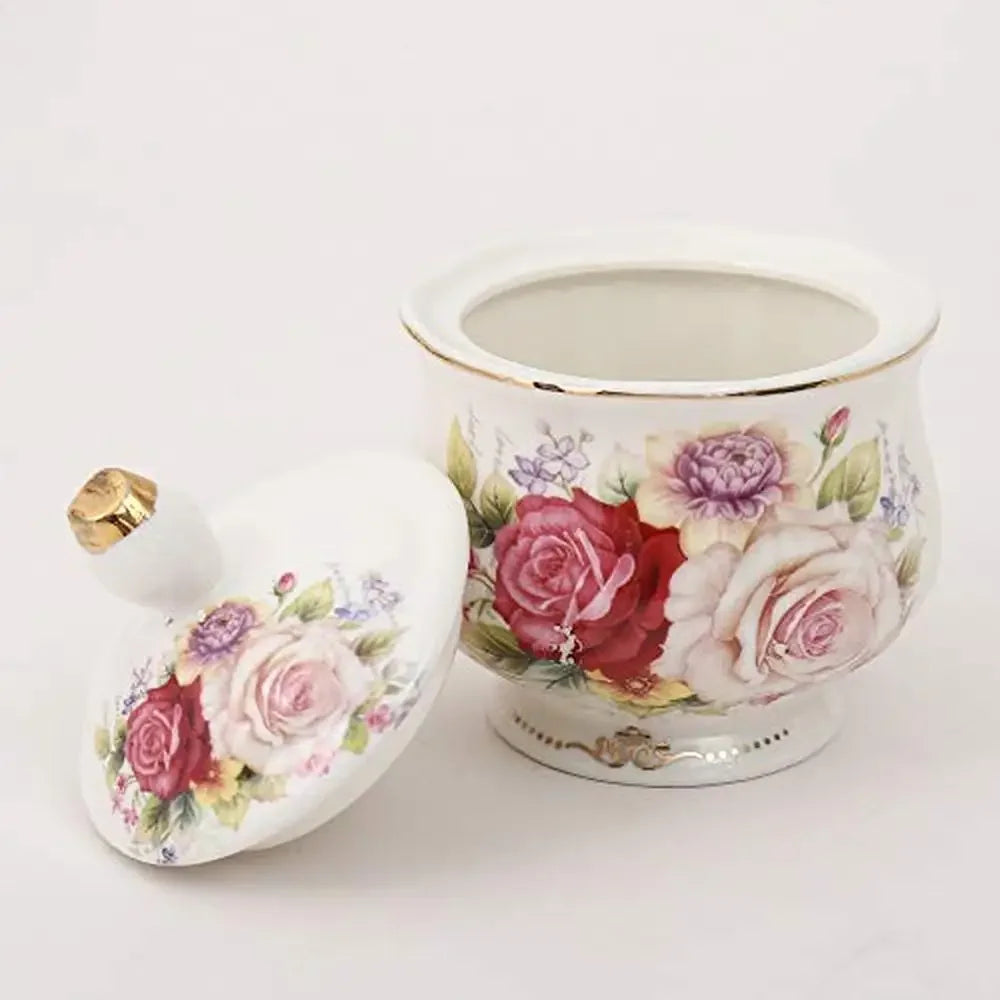 Colorful Rose European Ceramic Tea Set with Metal Holder, 15 Pieces