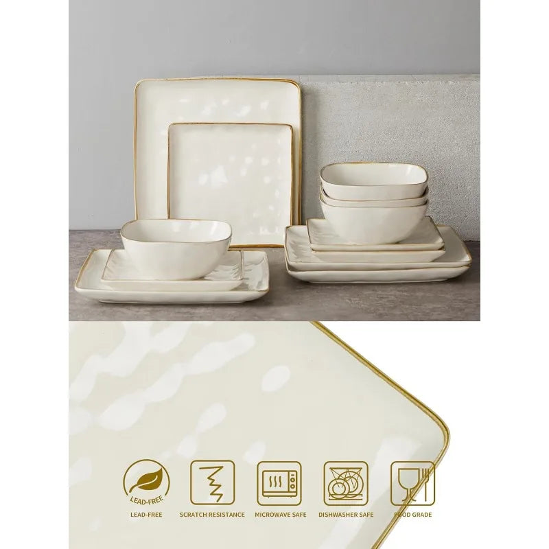 Ocean Square 12-Piece Kitchen Plates and Bowls Sets, Microwave and Dishwasher Safe, Scratch Resistant,