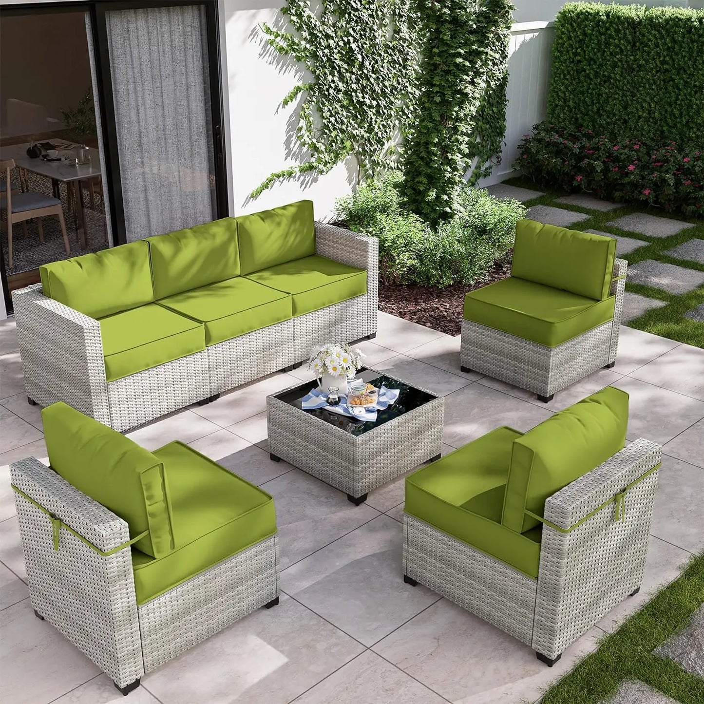 8 Piece Wicker Patio Furniture Set Includes 4 Center Sofas, 2 Corner Sofas, 1 Gas Fireplace Table, And A Tempered Glass Coffee Table