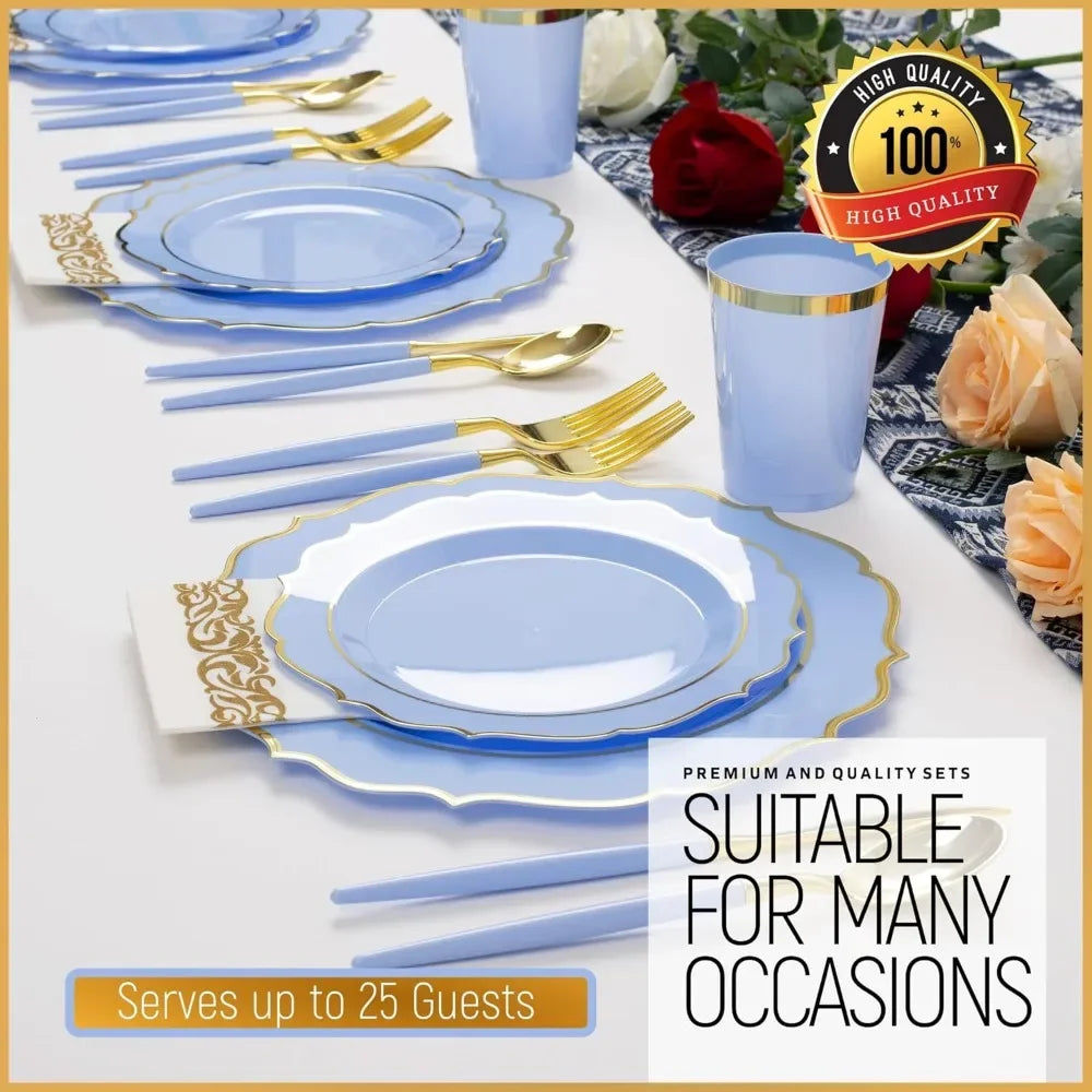 PARTY FOR 25- Disposable Plates – Includes 50 Blue Plastic Plates, 75 Baroque Handle Cutlery, 25 Cups, 25 Napkins