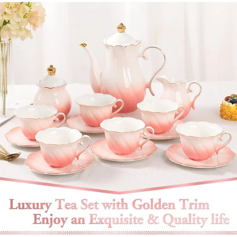 22 pcs Porcelain Tea Set for 6, Luxury British Style Tea/Coffee Cup Set with Golden Trim