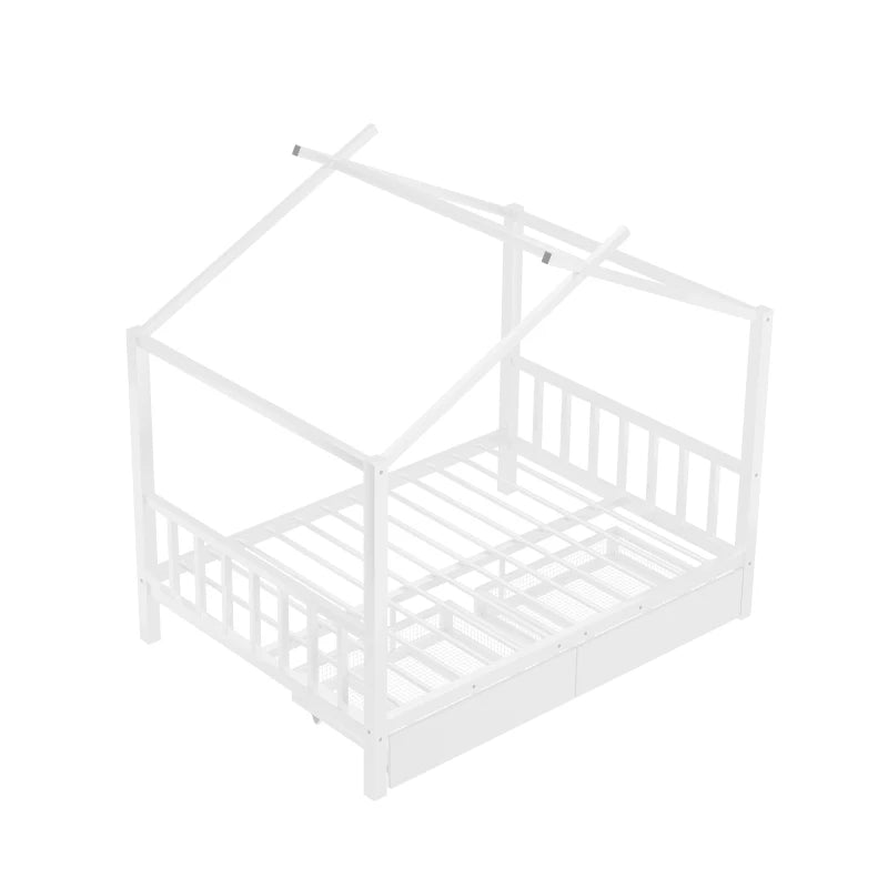 Wooden House Bed Frame for Kids with Ample Storage Options, Roof Design