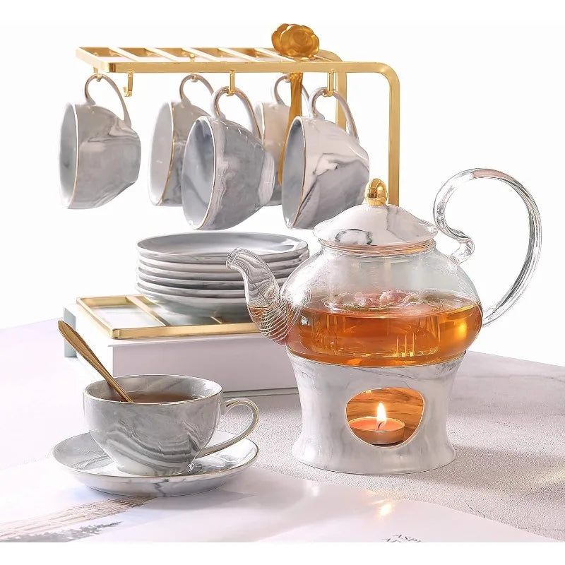 21 pcs Marble Texture Small Tea Set with Handcraft Golden Trim