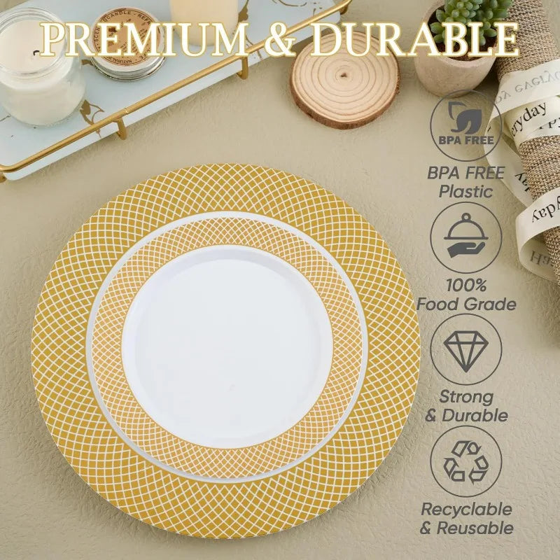 Elegant Fancy Gold Grid Rim Disposable Plastic Plates Set