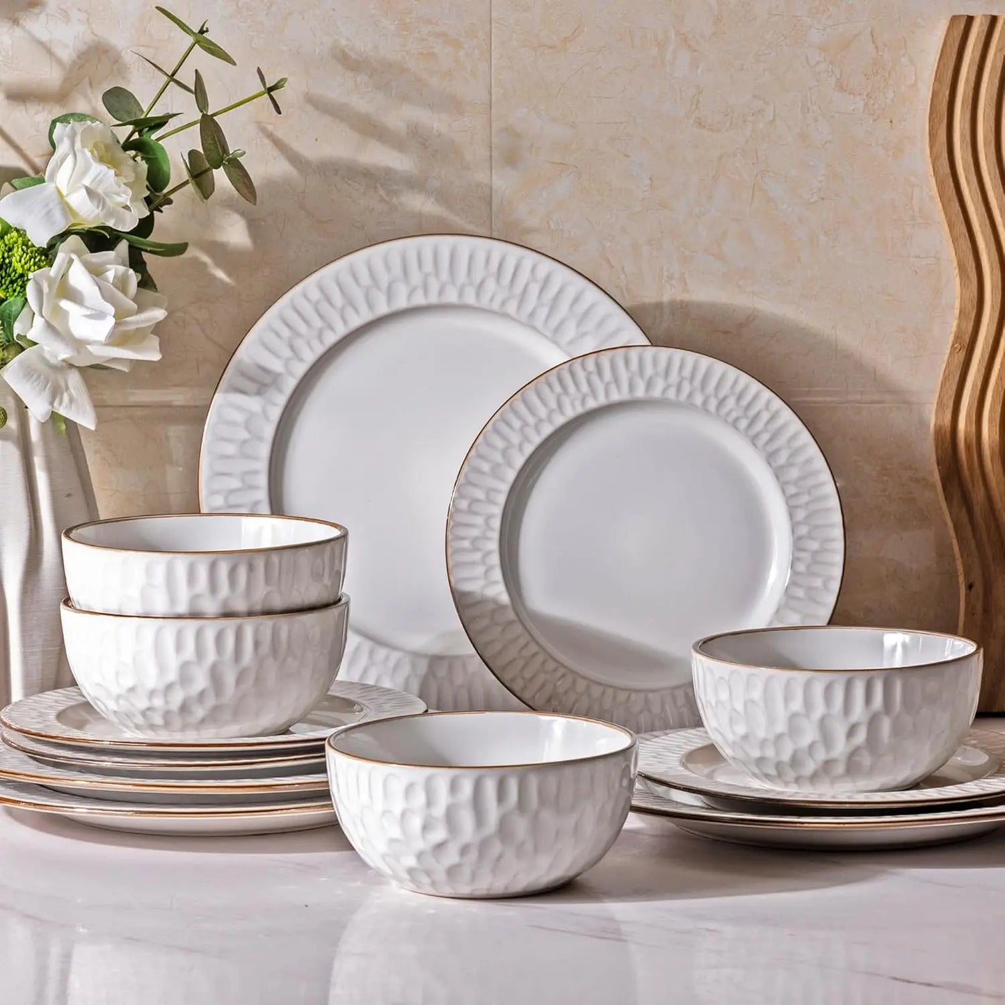 Embossed Elegant Stoneware Plates and Bowls Set, Service for 4