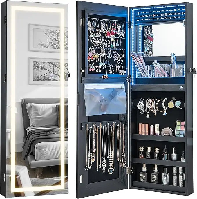 5 LEDs Mirror Jewelry Armoire Wall/ Door Mounted, Lockable Jewelry Cabinet with 6 Drawers and Full Length Mirror