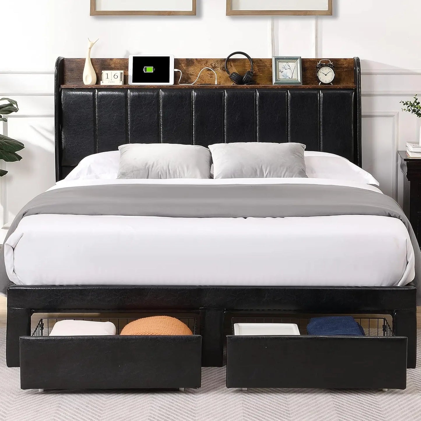 Upholstered Queen Size Platform Bed Frame with Headboard