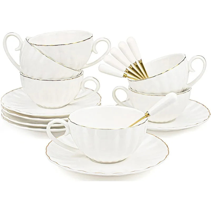 Set of 6 Royal Tea Cups and Saucers with Gold Trim, 8 oz, White