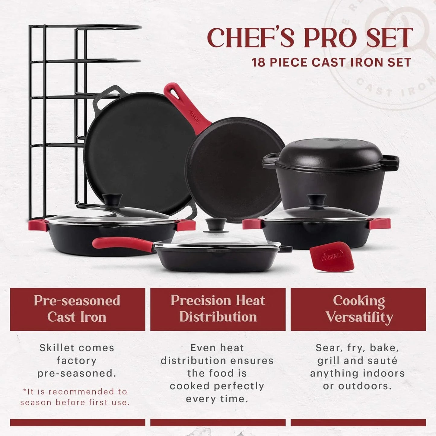 18-Piece Pre-seasoned Cast Iron Cookware Set: 10"+12" Skillets w/Lids + 5-Qt Dutch Oven + 10.5" Square Grill Pan