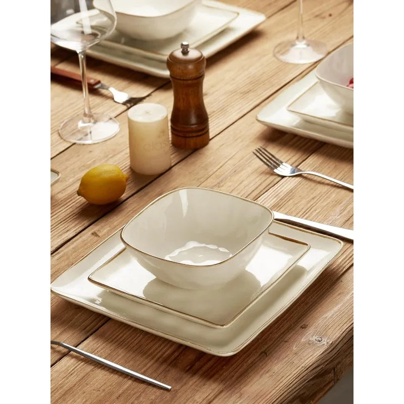 Ocean Square 12-Piece Kitchen Plates and Bowls Sets, Microwave and Dishwasher Safe, Scratch Resistant,