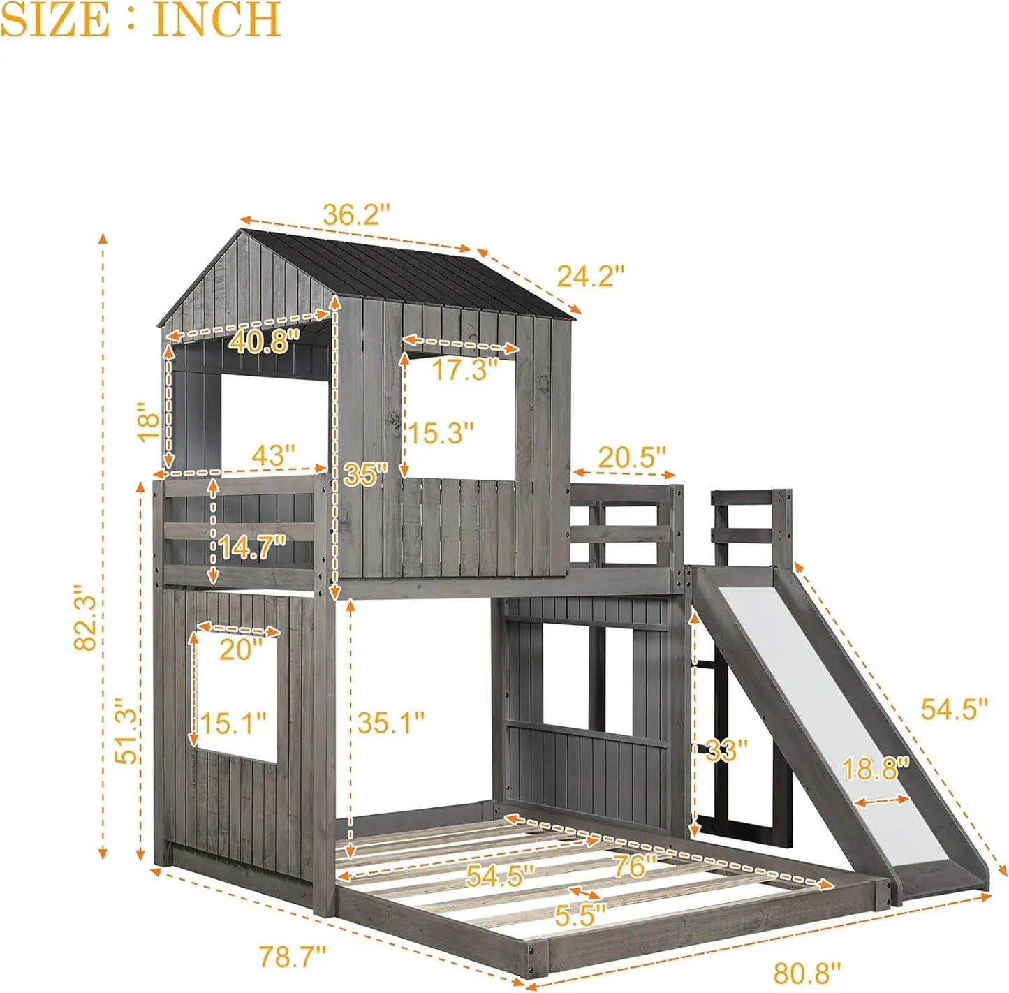 Twin Over Full Size, Wood Bunk Beds with Roof and Window, with Slide