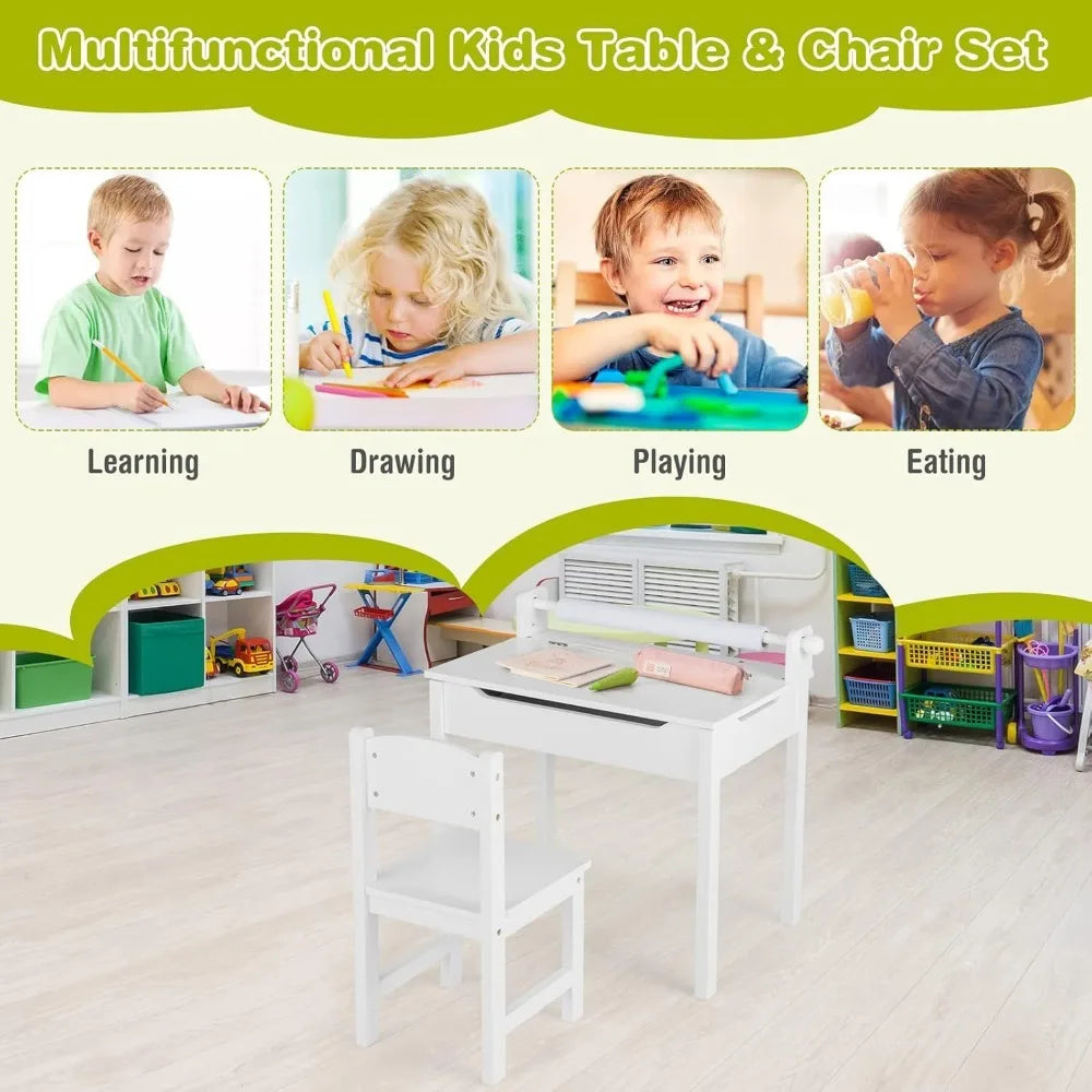 Kid's Wooden Lift-Top Desk & Chair Activity Table Set with Storage, Paper Roll Holder & Pen Slot