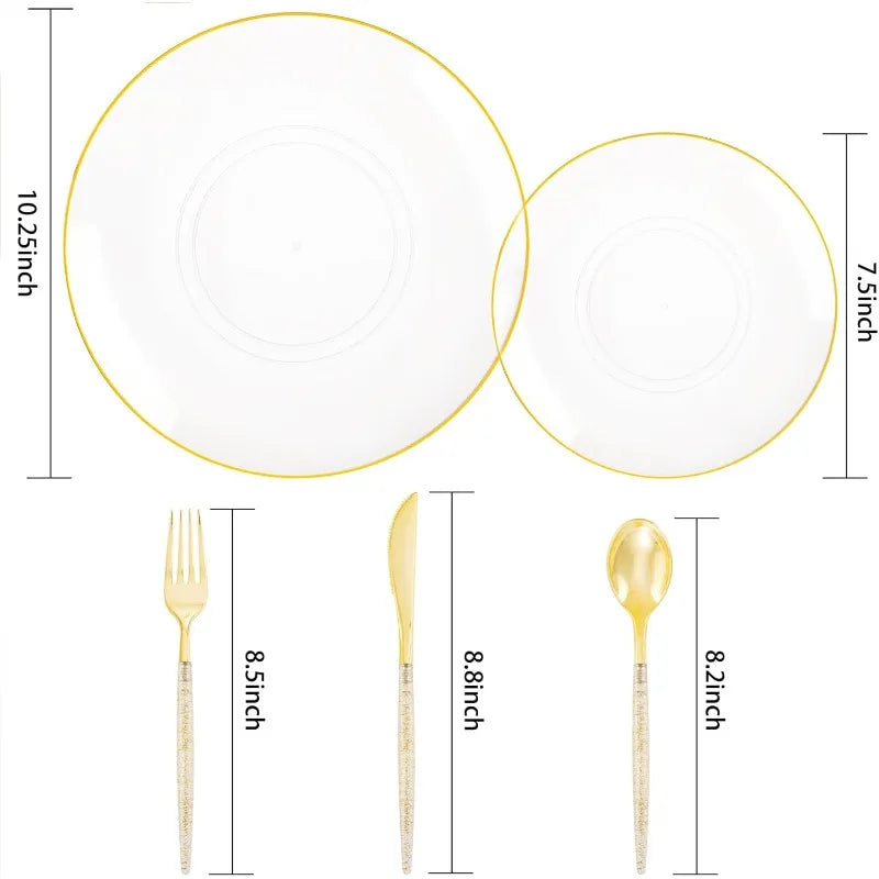 150PCS Clear-Gold Plastic Plates - Gold Plastic Silverware with Glitter Handle - 30 Guests