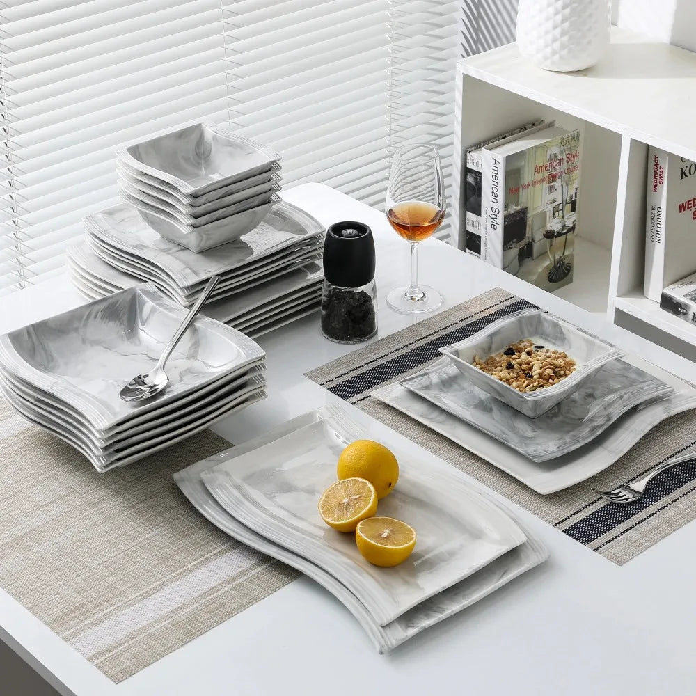 MALACASA FLORA 26-PIECE Nordic European Marble Gray Porcelain Tableware Set