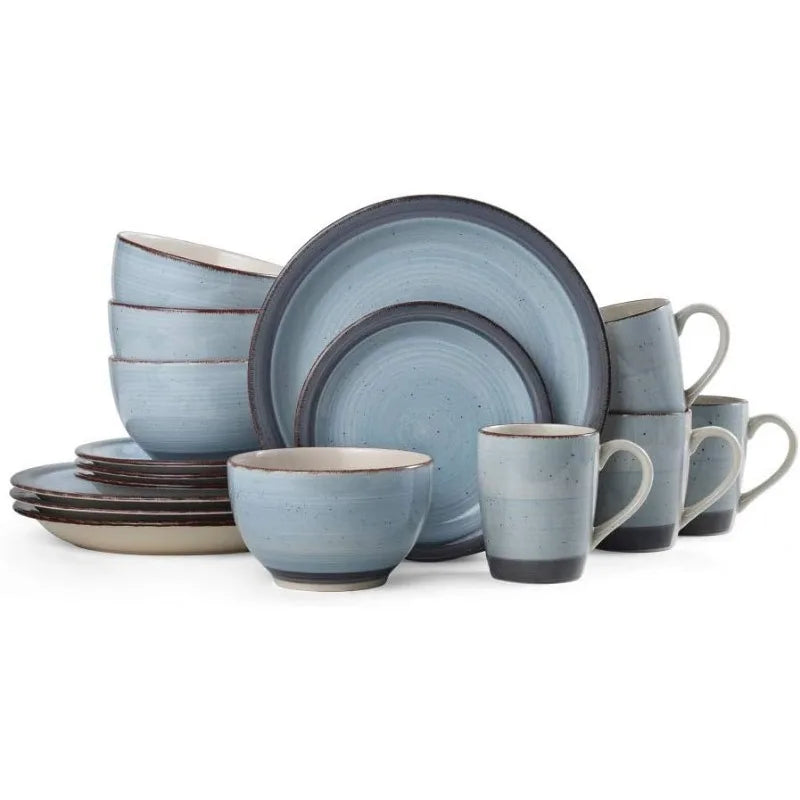 16 piece Sadie Dinnerware Set for 4, Dishwasher and Microwave Safe, Cream, Blue