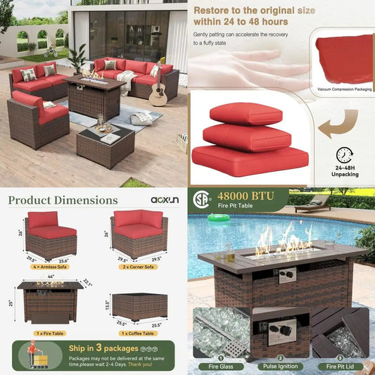 8-Piece Rattan Outdoor Furniture Set with 44 Fire Pit Table, Red