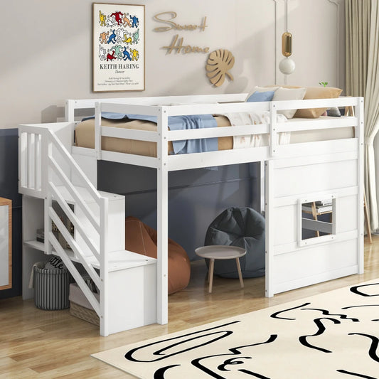 Loft bed with Storage Staircase, Full-Length Guardrails &Sturdy Wood Frame