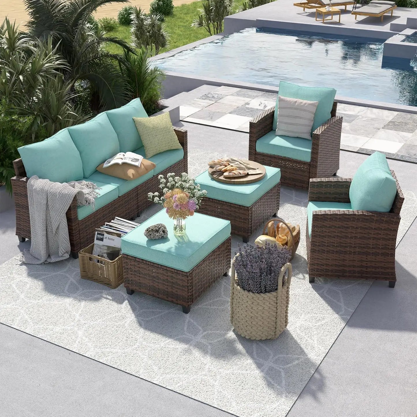 6 Pieces Sectional Conversation Patio Set with 44" Fire Pit Table