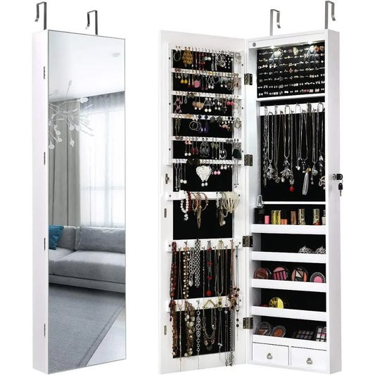 Lockable Large Jewelry Organizer Cabinet with Full-Length Mirror, 2 LEDs