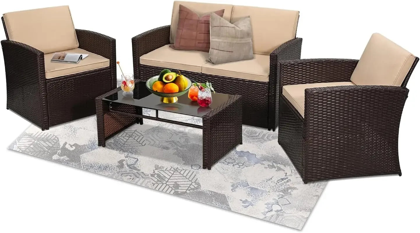 4 Piece Outside Rattan Sectional Sofa, Cushioned Furniture Set