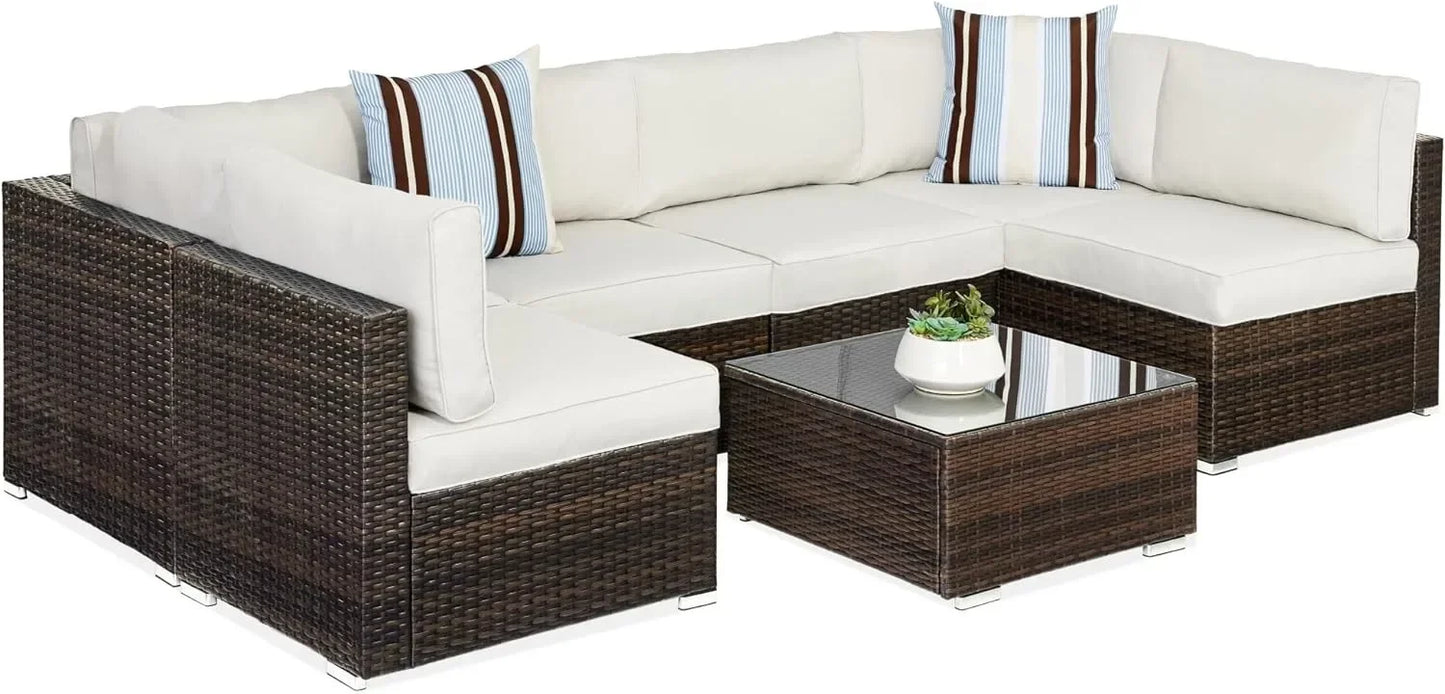 Modular Outdoor Sectional Wicker Patio Conversation Set w/ 2 Pillows, Coffee Table, Cover Included