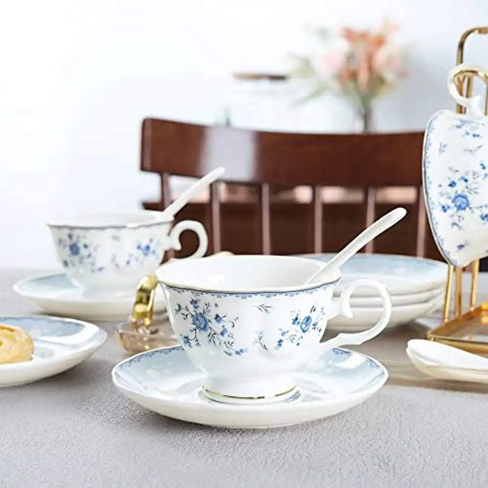 15 Piece British Floral Porcelain Tea Set with Blue Rose Pattern