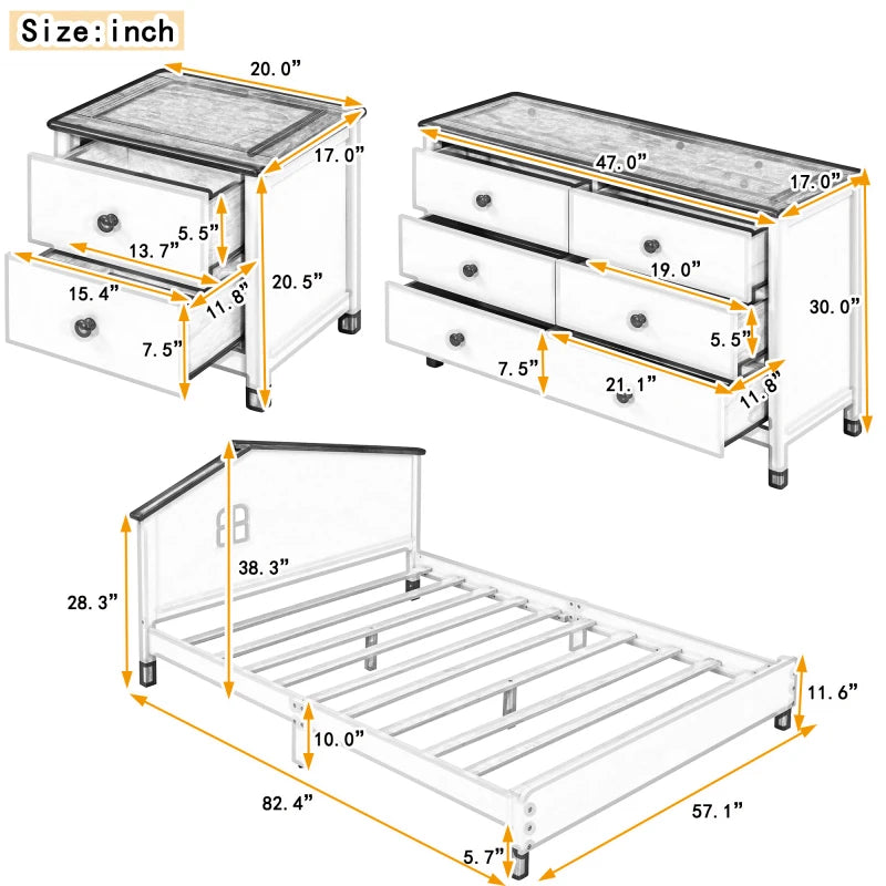 3-Piece Full Size Platform Bed with Nightstand and Storage Dresser, White + Pink - Bedroom Set