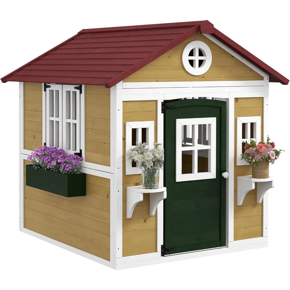 Wooden Playhouse with Planter Pots Boxes for Toddlers 3-8 Years