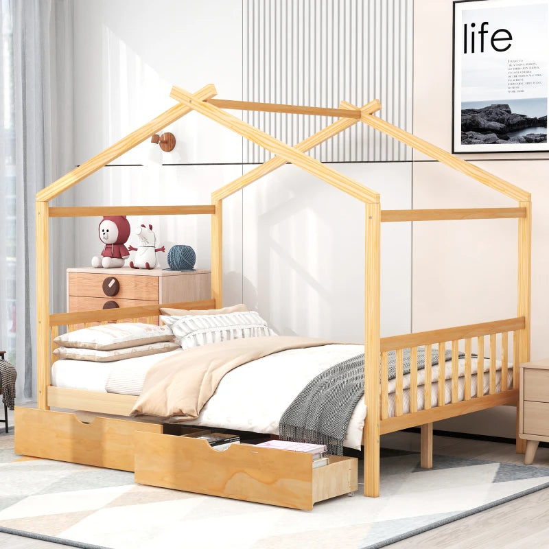 Full Size, Roof Design, Wood House Bed Frame, for Kids