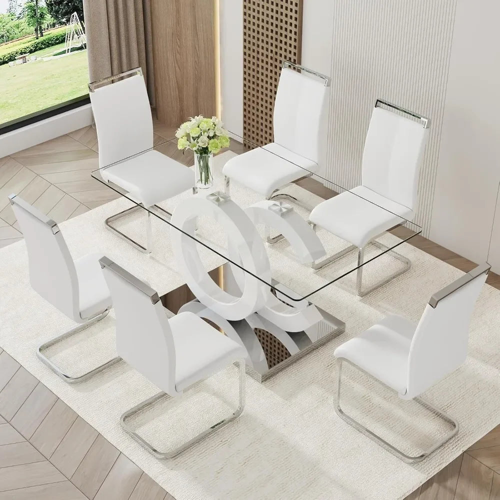 7 Piece Tempered Glass Table Top Dining Table Set