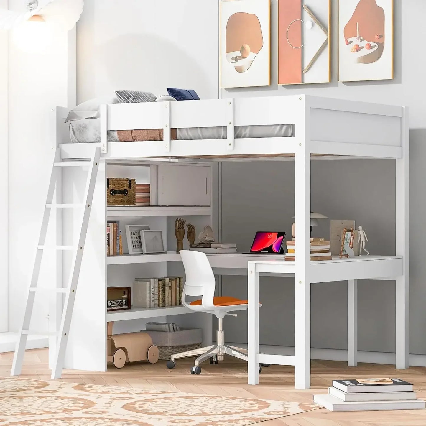 Full Size Loft Bed Frame with Wardrobe and Desk