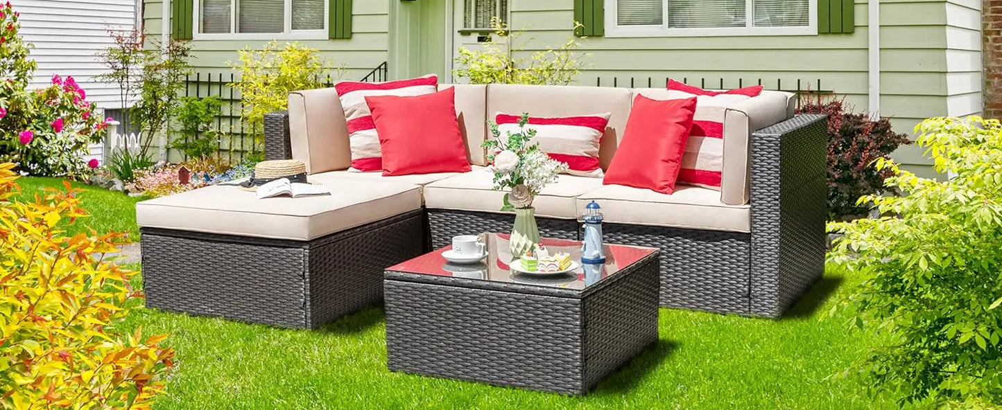 5 Piece All-Weather Brown PE Wicker Patio Furniture Set