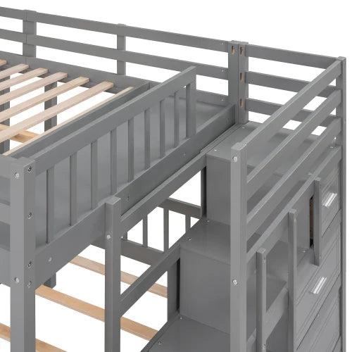 Wood Full over Twin & Twin Bunk Bed,Triple Bunk Bed with Drawers