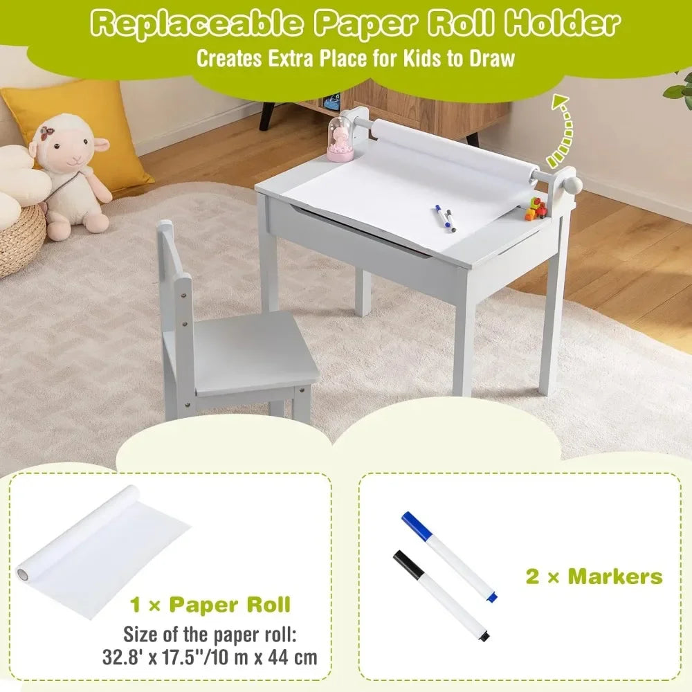 Kid's Wooden Lift-Top Desk & Chair Activity Table Set with Storage, Paper Roll Holder & Pen Slot