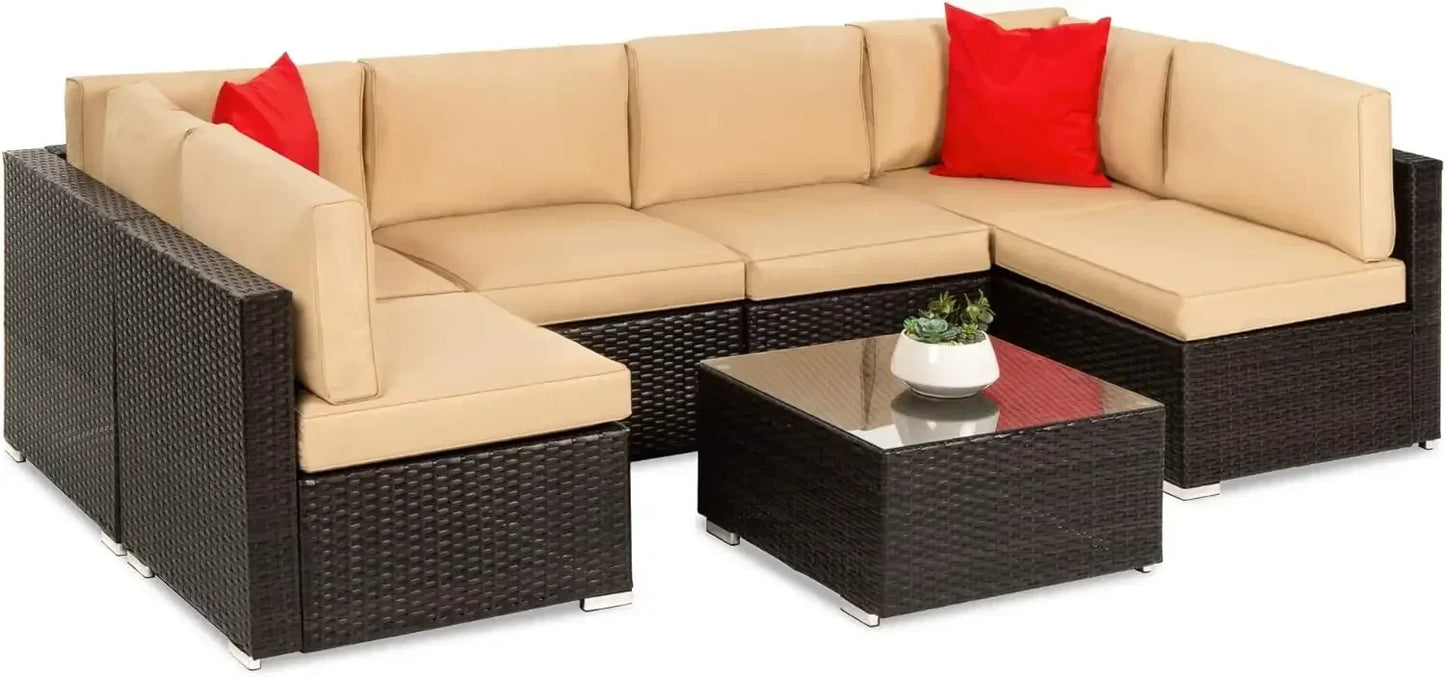 Modular Outdoor Sectional Wicker Patio Conversation Set w/ 2 Pillows, Coffee Table, Cover Included