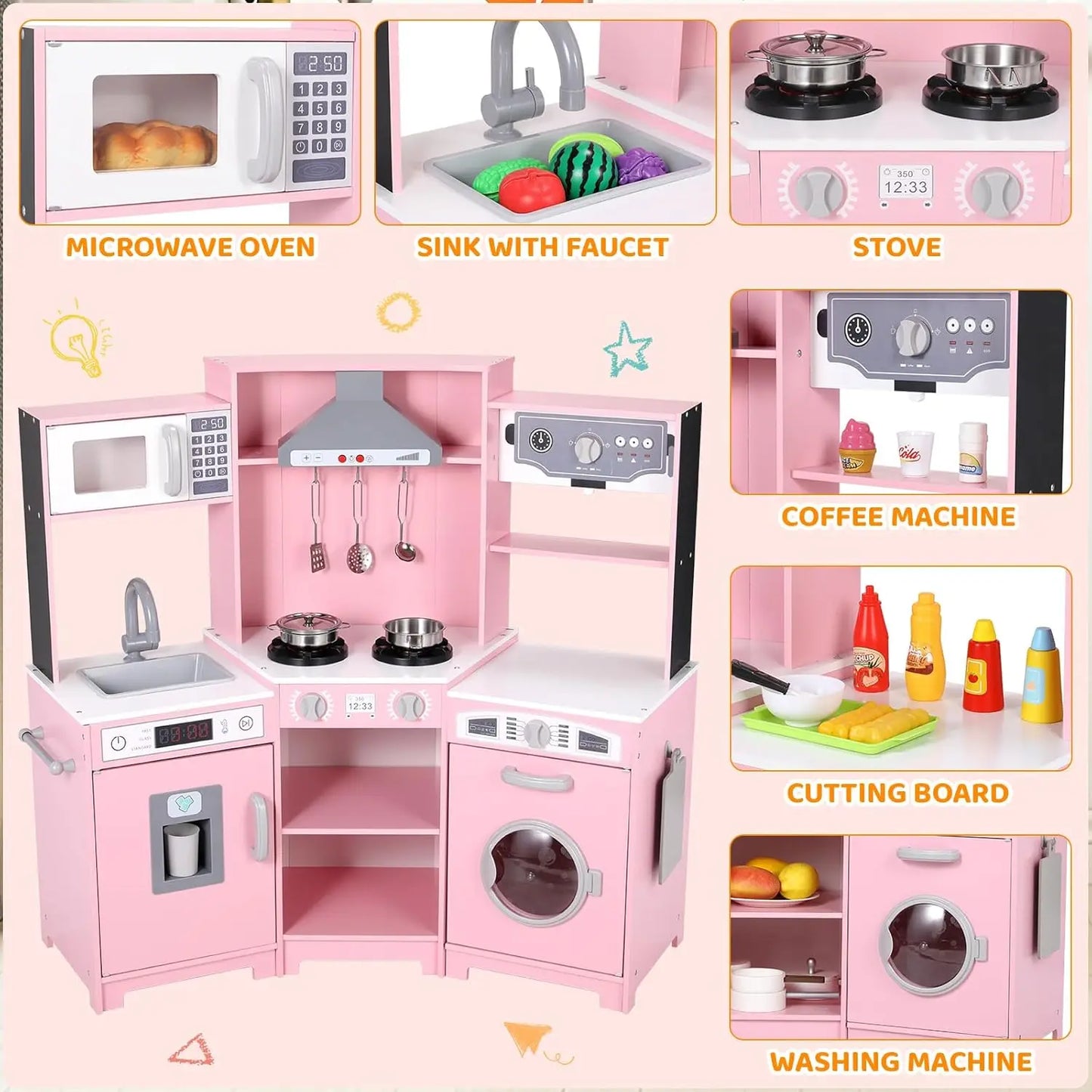 Wooden Pretend Toy Kitchen Playset w/Washer, Range Hood w/Light & Sound