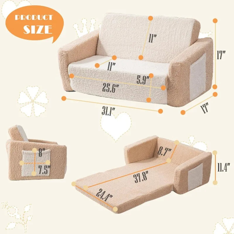 Kid's Extra Wide 2-in-1 Sherpa Fold Out Couch Bed for Playroom