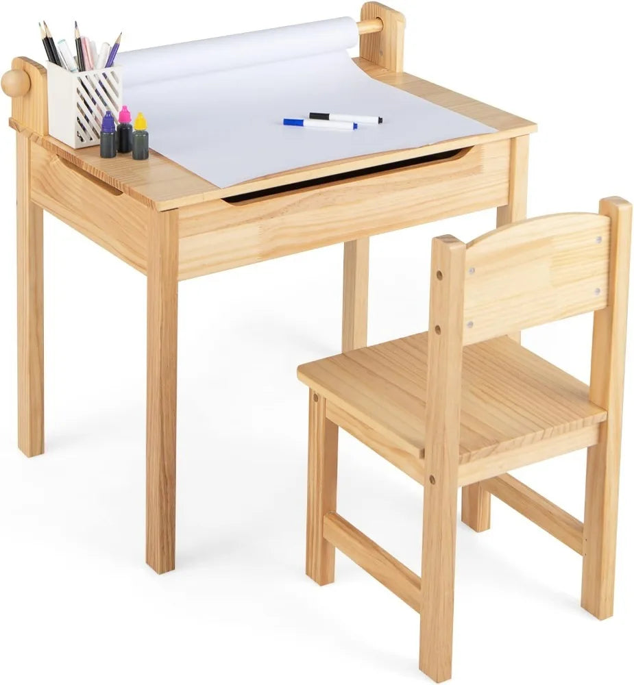 Kid's Wooden Lift-Top Desk & Chair Activity Table Set with Storage, Paper Roll Holder & Pen Slot