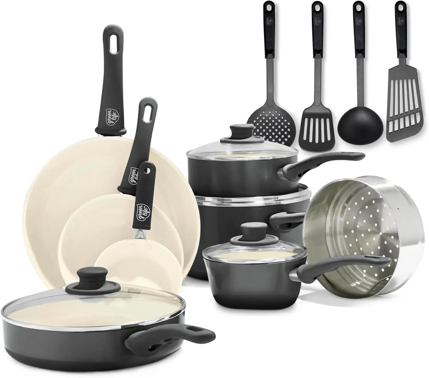 Ceramic Nonstick 16 Piece Kitchen Cookware Set, with Kitchen Utensils and Lid- Assorted Colors