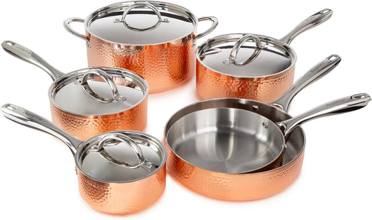 Vintage 10Pc Tri-Ply Copper 18/10 Hammered Stainless Steel Cookware Set With Matching Lids