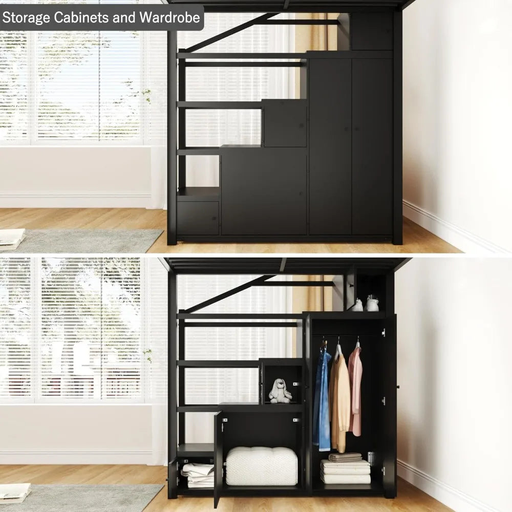 Full Size Heavy-Duty Metal Loft Bed with Stairs