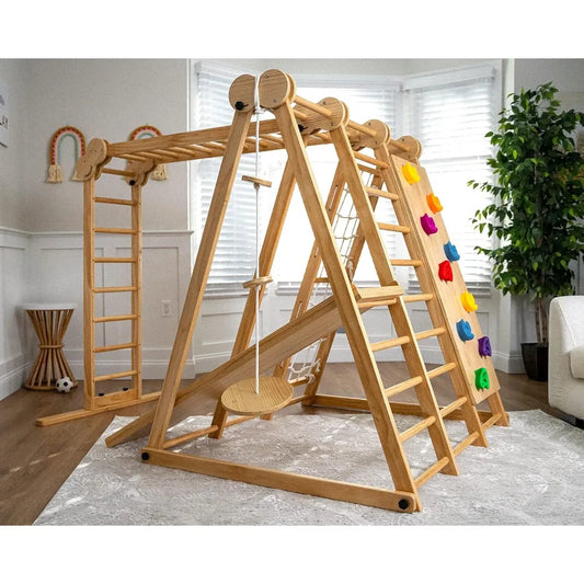 Chestnut 8-in-1 Indoor Foldable Playset for Kids - with Slide, Climbing Wall, Monkey Bars, Swing