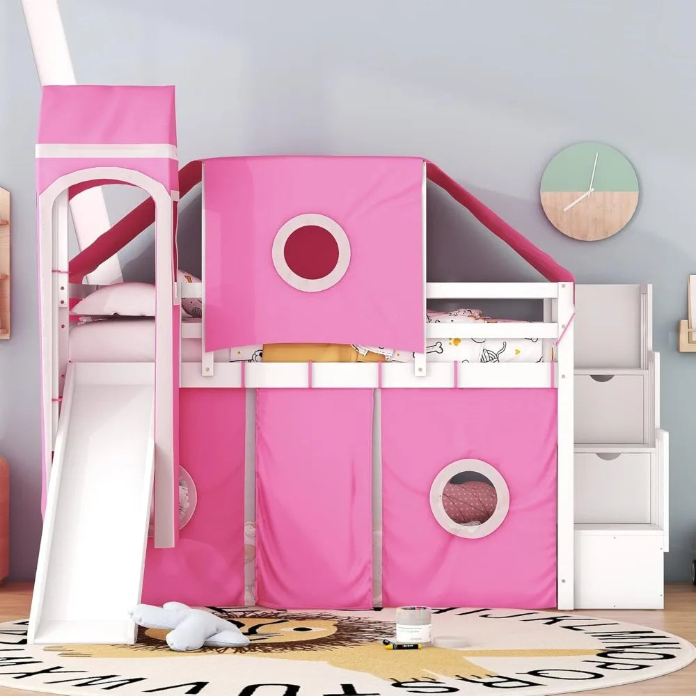 (Twin Size, Pink) Playhouse Loft Bed Frame with Tent and Tower,