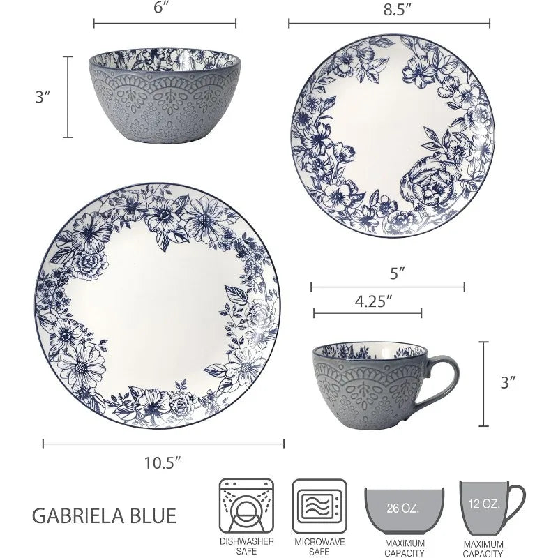 Gabriela Blue 16-Piece Dinnerware Set, Service for 4