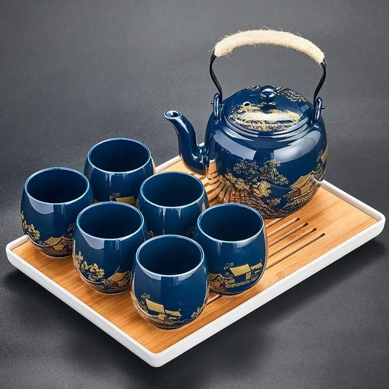 Glazed Tea Set in Gift Box with 1 Teapot, 1  Strainer, 1  Tray and 6  Cups